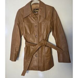 Vintage 1970s Womens Condor Leather Jacket Sz 7/8 Button Front Tie Waist Caramel